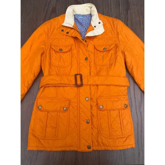 J McLaughlin Orange Quilted Jacket Belted Snap Front Medium Lightweight - Picture 2 of 14